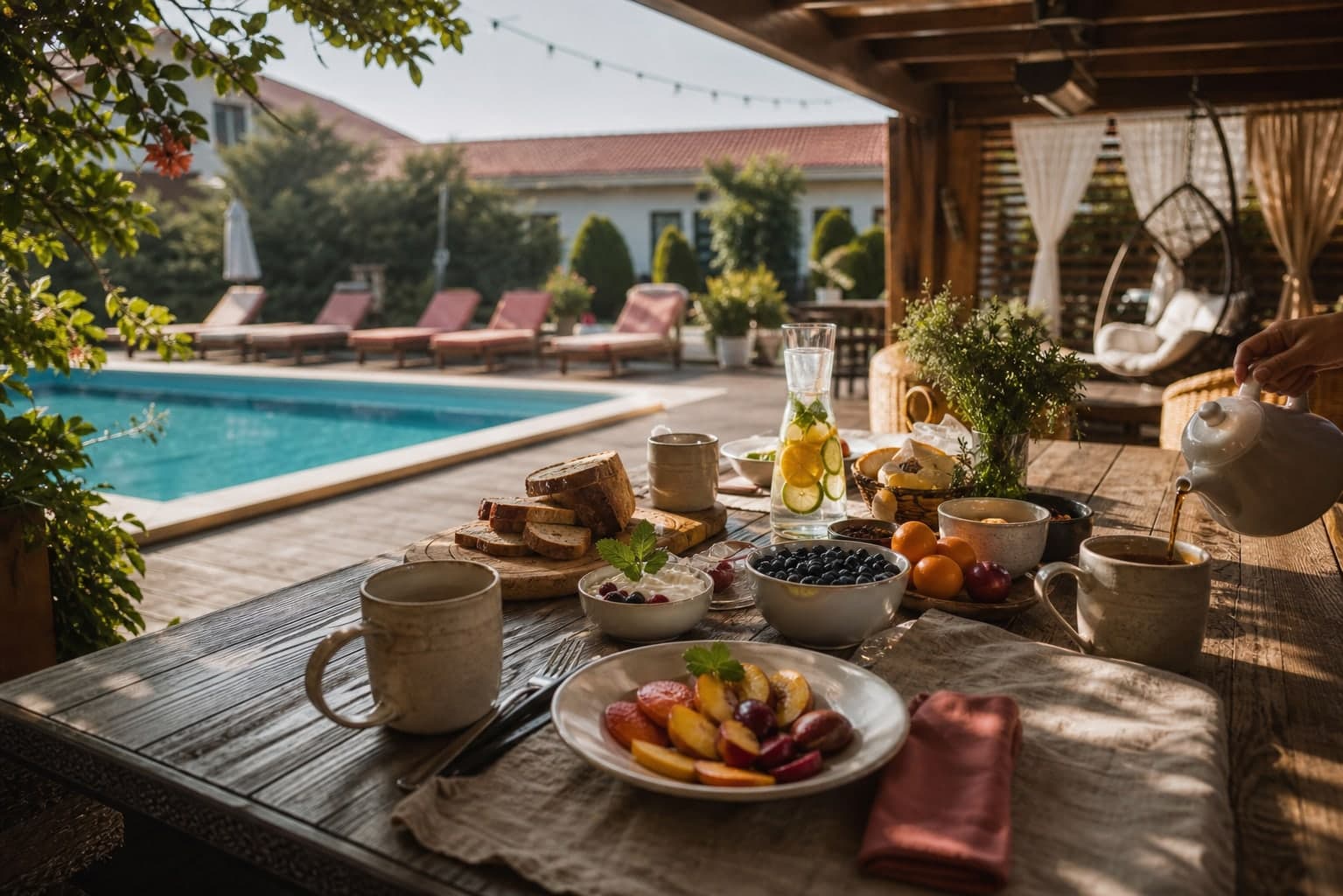 Mic dejun sănătos servit lângă piscină — fructe proaspete, pâine, ceai și limonadă