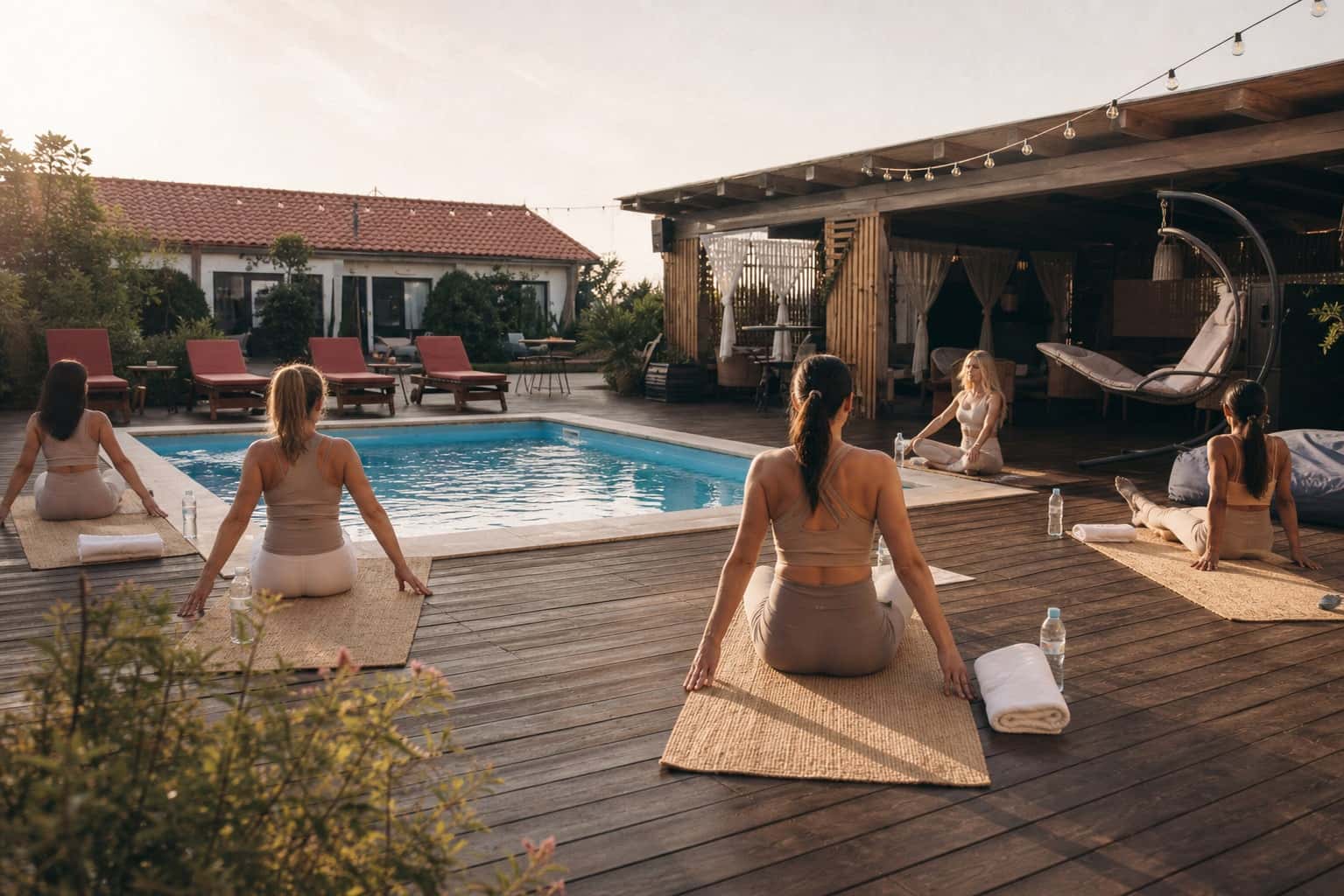 Femei în practică de yoga pe deck de lemn la apus, lângă piscină